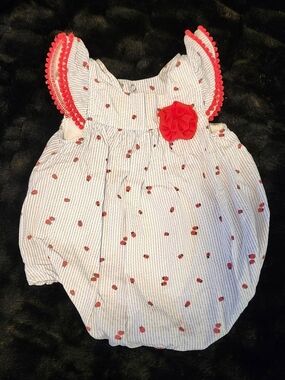 Baby Essentials White Blue And Red Striped Romper with Red Floral Accents